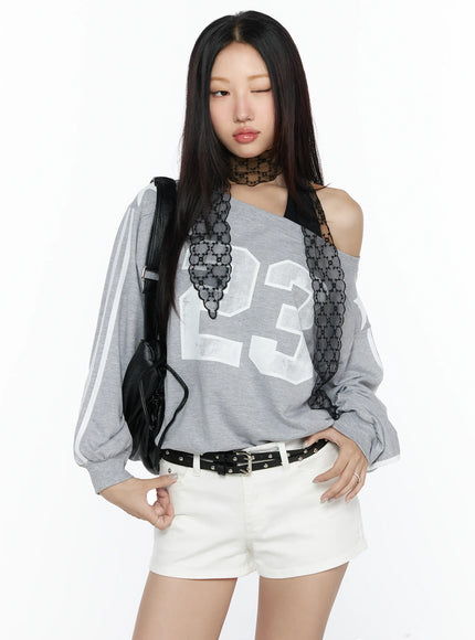LEWKIN Graphic Off-Shoulder Sweatshirt CL527 Gray S/M front shot on model wearing black lace choker and bag with white shorts
