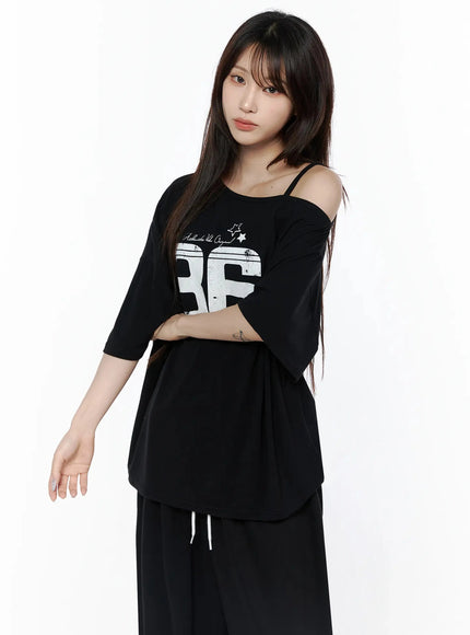 Graphic Off-Shoulder T-Shirt IL506 in Black, size M/L