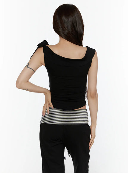 Graphic Off-Shoulder Top CL508 Black back model shot showing clean back neckline double bow-tie shoulder details ruched side seams cropped length