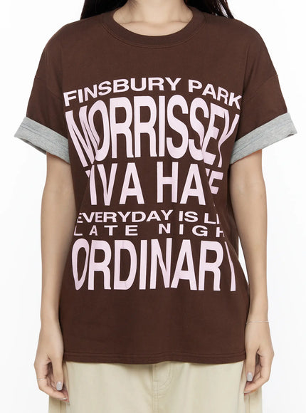 Graphic Oversized Layered Tee CL524 Brown close-up front shot on model, full Finsbury Park Morrissey Viva Hate Ordinary pink graphic print, gray cuffed sleeves visible