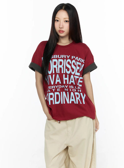 Graphic Oversized Layered Tee CL524 in Red, size M/L