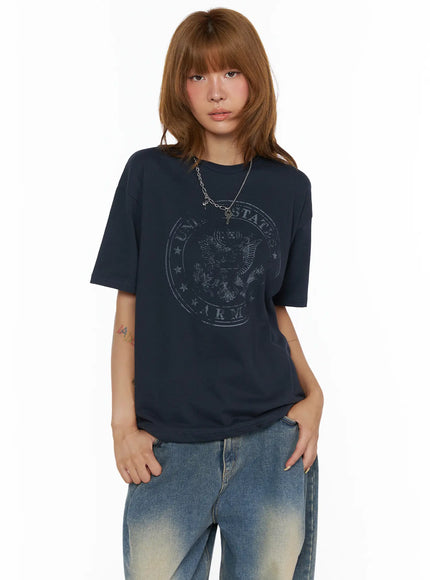 LEWKIN Graphic Oversized Tee CL503 Dark blue front shot on model wearing chain necklace paired with faded wide-leg jeans, oversized cotton fit