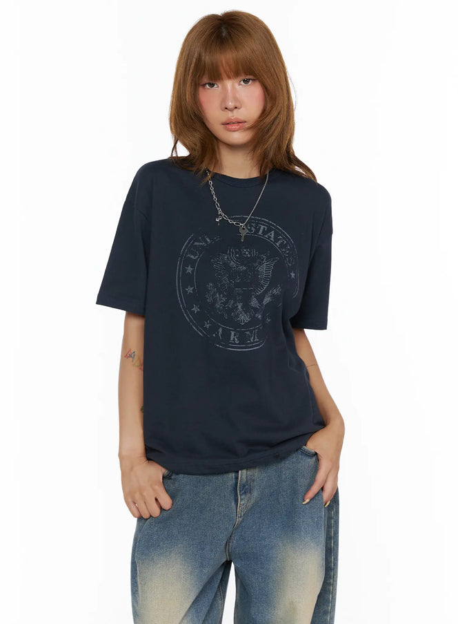 LEWKIN Graphic Oversized Tee CL503 Dark blue front shot on model wearing chain necklace paired with faded wide-leg jeans, oversized cotton fit