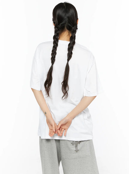 Graphic Oversized Tee CU530 White back shot on model showing clean plain back, dropped shoulders and relaxed oversized cotton construction, model hands clasped behind