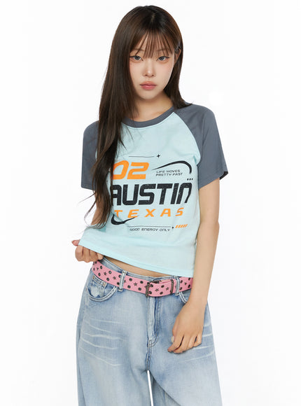 Graphic Print Color Block Tee IL523 in Mint, size S/M