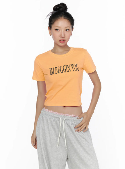 Graphic Print Crop Tee CL513 in Orange, size S/M