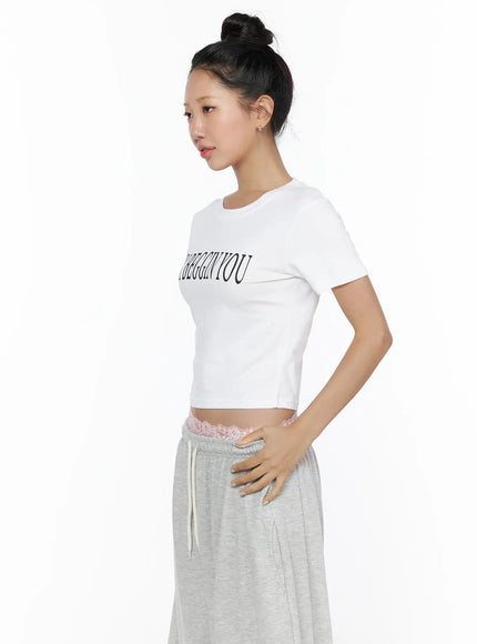 Graphic Print Crop Tee CL513 in White, size S/M