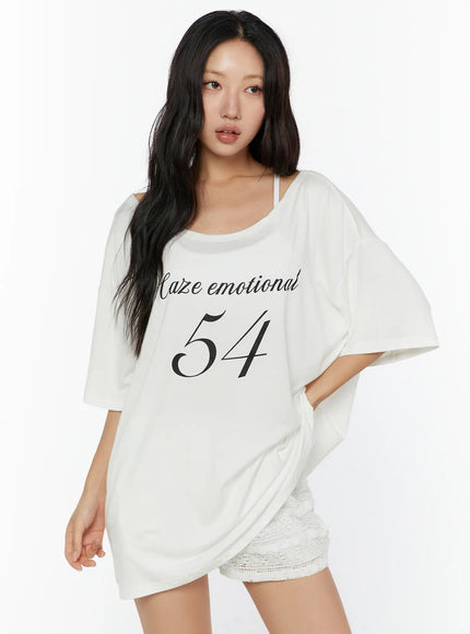 Graphic Print Oversized Tee CU529 white front shot on model with Haze emotional 54 script print worn as oversized top with lace shorts