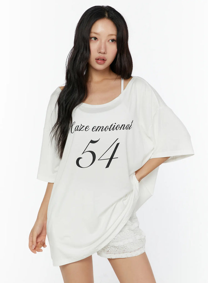 Graphic Print Oversized Tee CU529 white front shot on model with Haze emotional 54 script print worn as oversized top with lace shorts