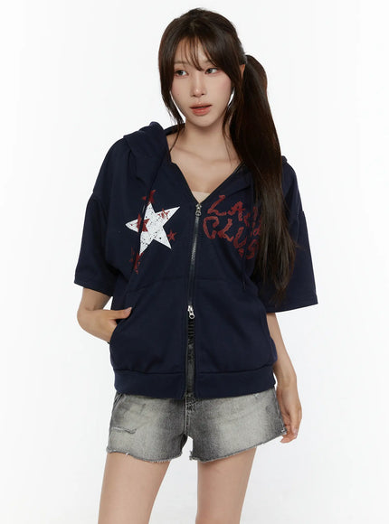 Graphic Print Short Sleeve Hooded Zip-Up CL507 in Dark blue, size S/M