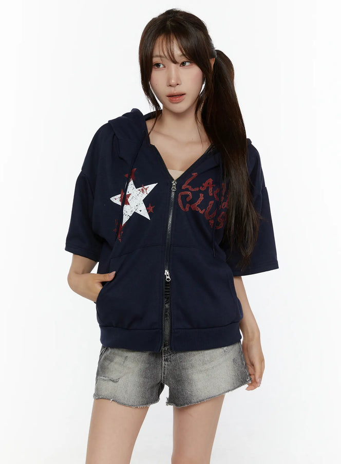 Graphic Print Short Sleeve Hooded Zip-Up CL507 in Dark blue, size S/M