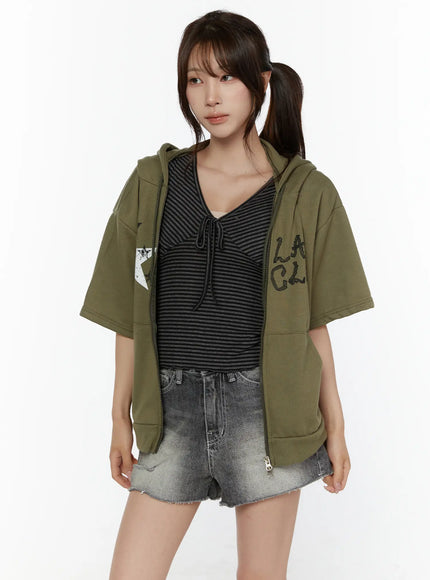 Graphic Print Short Sleeve Hooded Zip-Up CL507 in Dark green, size S/M