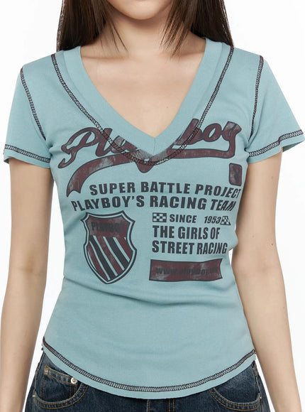 Graphic Print V-Neck Tee IL523 Light blue close-up front detail shot showing Playboy racing graphic contrast stitching V-neck
