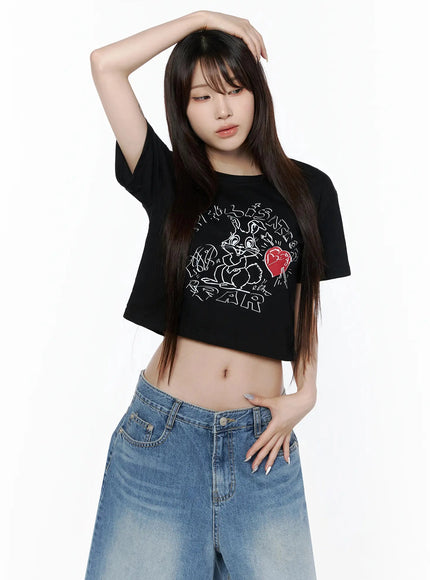 Graphic Rabbit Crop Top IL502 in Black, size S/M