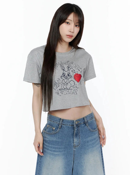 Graphic Rabbit Crop Top IL502 in Gray, size S/M