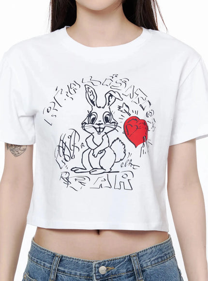 Graphic Rabbit Crop Top IL502 White close-up front shot on model showing rabbit graffiti illustration and red heart print on cotton fabric