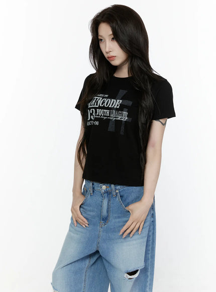 Graphic Semi-Crop T-Shirt IL522 in Black, size S/M