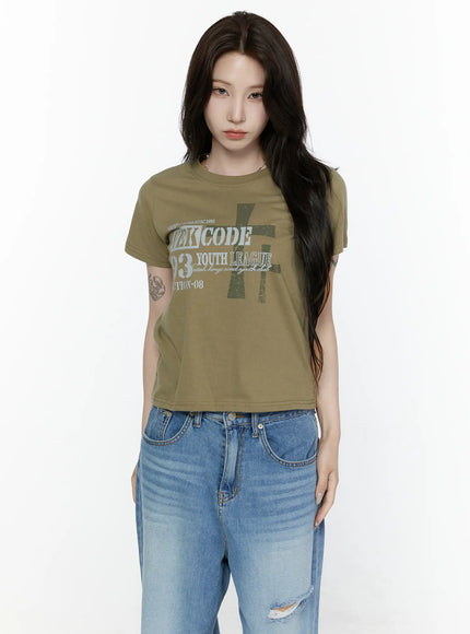 Graphic Semi-Crop T-Shirt IL522 in Dark green, size S/M