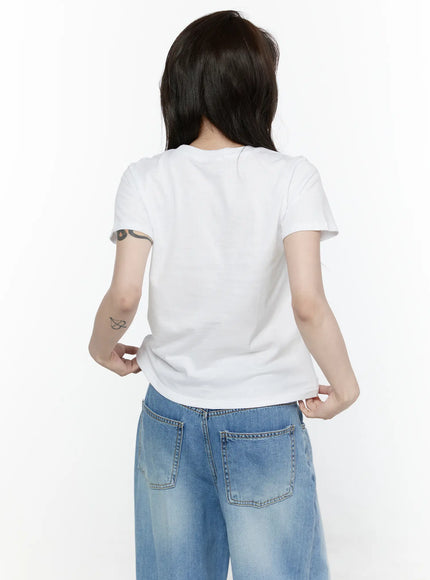 Graphic Semi-Crop T-Shirt IL522 White back shot on model showing clean plain back, cropped hem, and short sleeve cotton construction