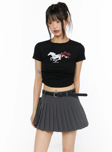 Graphic Shirred Crop Tee CU530 in Black, size S/M