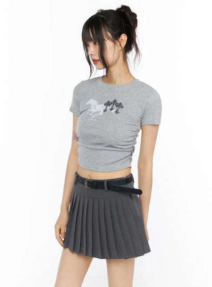 Graphic Shirred Crop Tee CU530 in Gray, size S/M