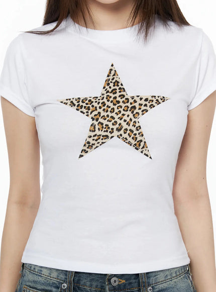 Graphic Short Sleeve T-Shirt IL523 White close-up front detail shot on model highlighting large leopard print star applique graphic on white cotton crop tee