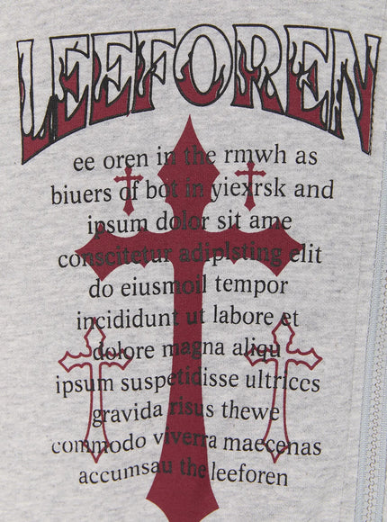 Graphic Short Sleeve Zip-Up Hoodie IU525 Gray close-up detail of left chest LEEFOREN gothic arch lettering and dark red cross graphic print on heathered gray cotton fabric