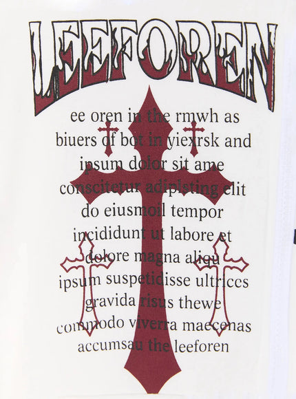 Graphic Short Sleeve Zip-Up Hoodie IU525 White close-up detail of left chest LEEFOREN gothic arch lettering and dark red cross graphic print on white cotton fabric