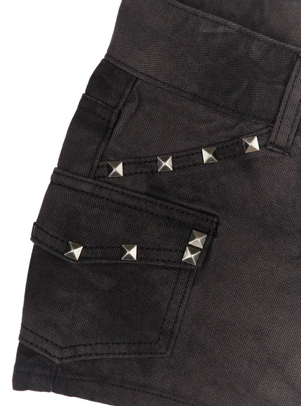 Graphic Studded Cargo Cotton Shorts CL522 Black close-up detail of silver pyramid studs on cargo pocket flap and contrast topstitching