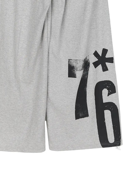 Graphic Sweatpants IL509 Gray close-up detail of lower leg flat-lay showing large brushstroke 7*6 graphic print drawstring hem toggle and heathered cotton texture