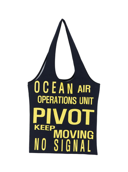 Graphic Tote Bag IL528 Black flat front shot no model showing yellow bold PIVOT OCEAN AIR OPERATIONS UNIT KEEP MOVING NO SIGNAL graphic print on black