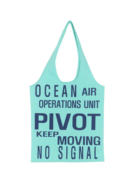 Graphic Tote Bag IL528 Mint flat front shot no model full view of navy bold graphic text print racerback strap silhouette soft knit fabric on white