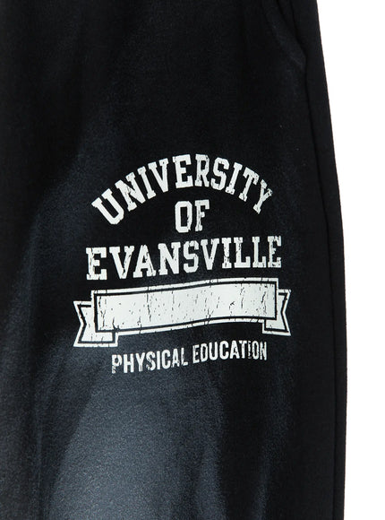 Graphic Wide Leg Sweatpants CL527 Black close-up detail of University of Evansville Physical Education distressed white collegiate arch logo on thigh