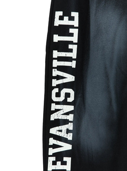 Graphic Wide Leg Sweatpants CL527 Black close-up detail of vertical Evansville distressed white letter print running vertically along the side leg