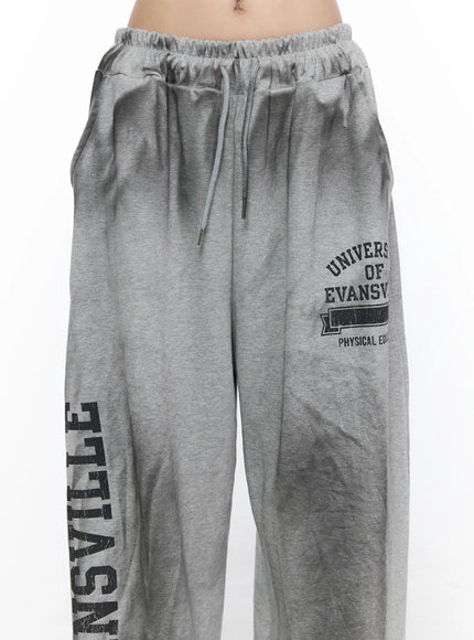 Graphic Wide Leg Sweatpants CL527 Gray close-up front shot on model showing drawstring waistband collegiate graphic and dual side Evansville letter print
