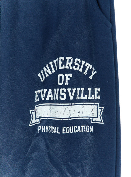 Graphic Wide Leg Sweatpants CL527 Navy close-up detail of University of Evansville Physical Education distressed white arch logo print on thigh