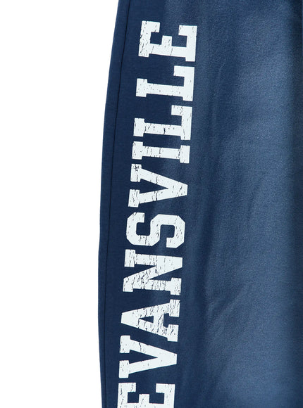 Graphic Wide Leg Sweatpants CL527 Navy close-up detail of vertical Evansville distressed white letter print running down the side leg on navy fabric