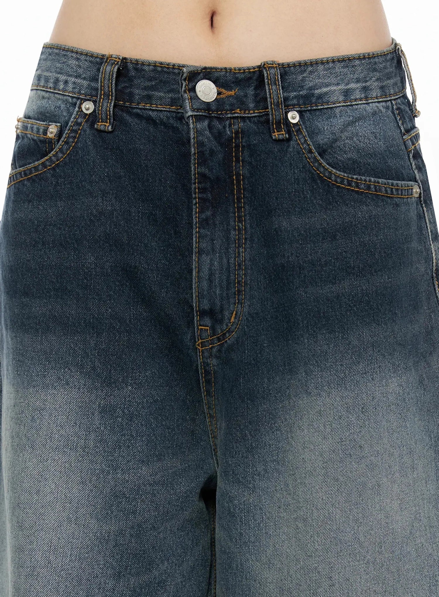 Greer Vintage Wash Baggy Jeans IL523 Dark blue close-up detail of waistband showing silver button coin pocket and amber topstitching