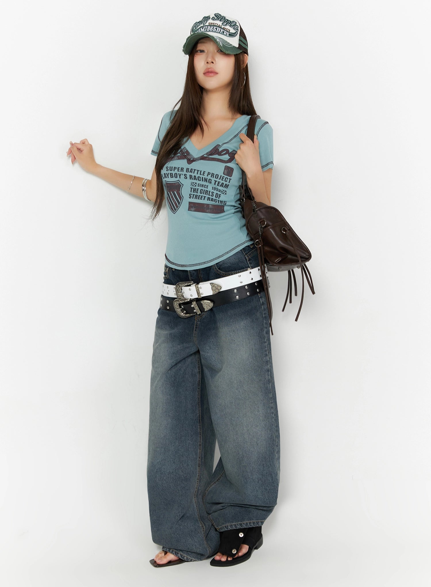 Greer Vintage Wash Baggy Jeans IL523 Dark blue full-length front styling shot on model with cap double belt brown bag and sandals