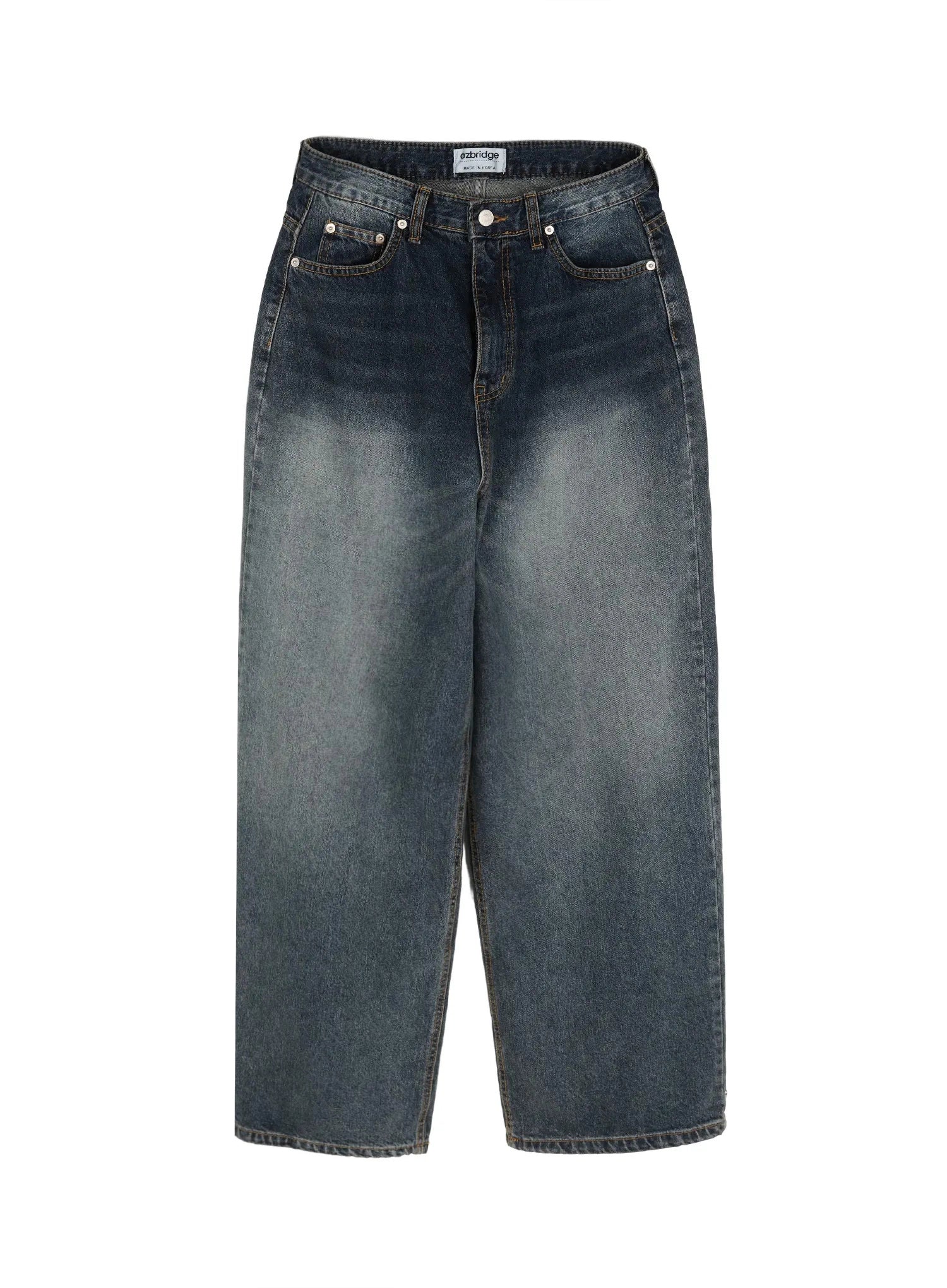 Greer Vintage Wash Baggy Jeans IL523 Dark blue flat-lay front view showing full wide-leg silhouette faded wash five pockets ozbridge label