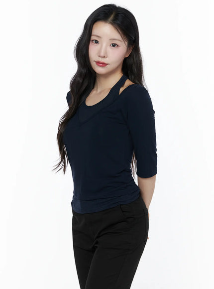 Halter Layered Three-Quarter Sleeve Top IU525 in Dark blue, size S/M