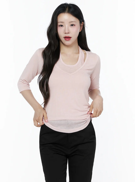 Halter Layered Three-Quarter Sleeve Top IU525 in Light pink, size S/M