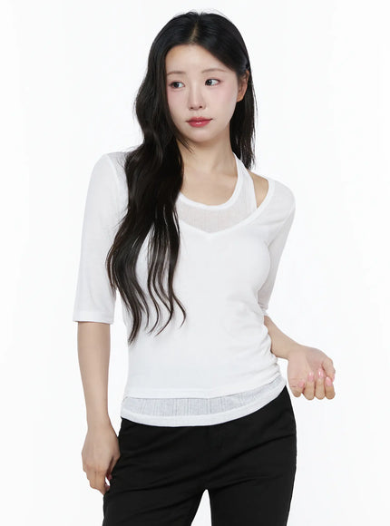 Halter Layered Three-Quarter Sleeve Top IU525 in White, size S/M