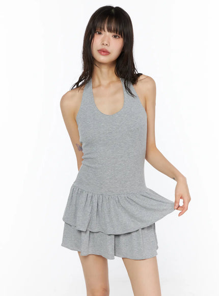 Halter Tiered Mini Dress CU530 Gray front close-up shot on model showing scoop neckline racerback bodice and layered ruffle skirt detail