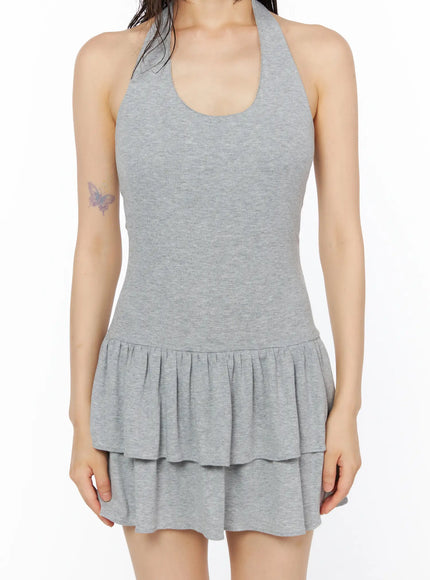 Halter Tiered Mini Dress CU530 Gray front crop shot on model showing halter neckline fitted ribbed bodice and double tiered ruffle hem