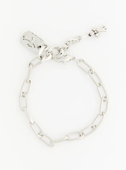 LEWKIN Haven Bold Heart Bracelet IL522 silver flat-lay showing full paper-clip chain with engraved tag charm and floral cross charm on white background