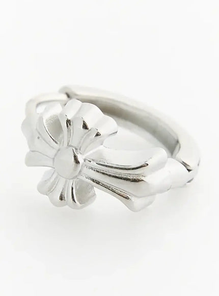 Haven Bold Heart Earrings IL522 silver close-up angled view highlighting embossed floral cross charm and chunky hoop clasp detail