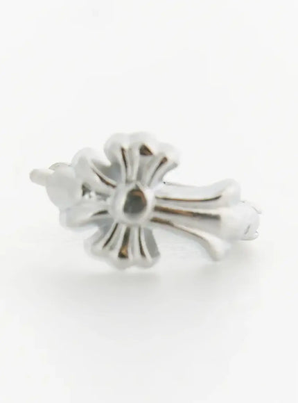 Haven Bold Heart Earrings IL522 silver close-up front detail of floral cross charm showing sculpted petal relief and center stud texture