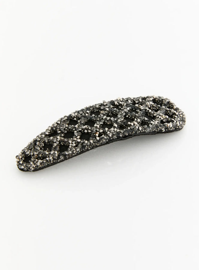 Hazel Cubic Hair Pin IL503 black close-up single clip angled view highlighting dark gunmetal crystal rhinestone embellishment detail