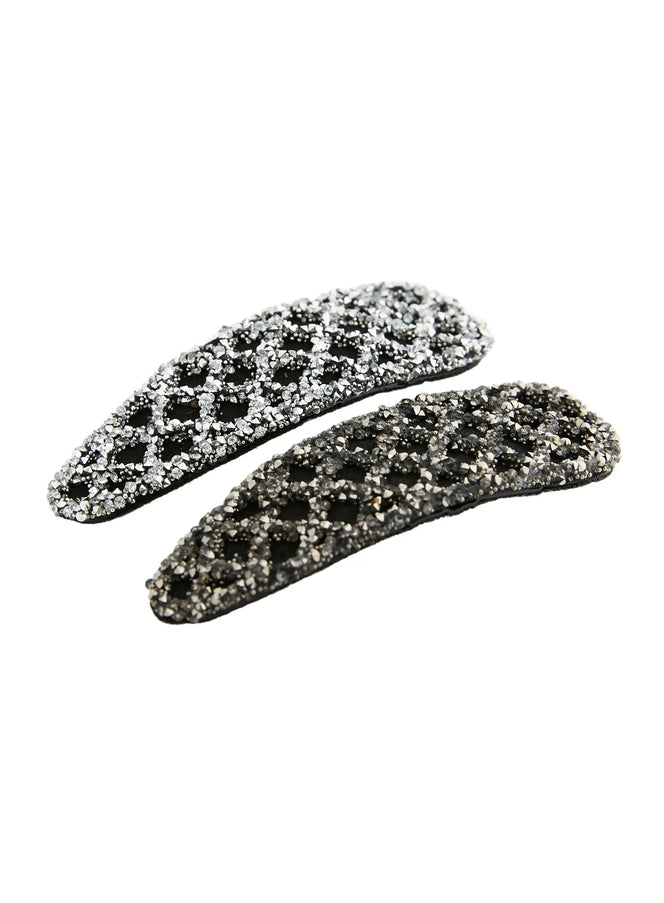 LEWKIN Hazel Cubic Hair Pin IL503 black silver flat-lay pair showing both clips side by side with crystal rhinestone lattice pattern
